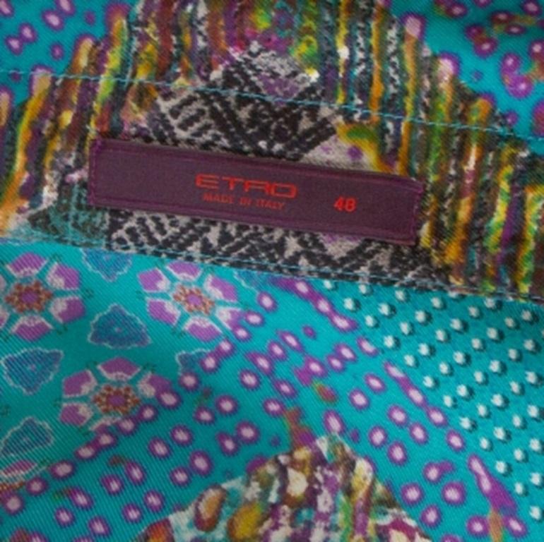 Etro Teal Blue Floral Print Silk Long Sleeve Shirt M For Sale 1