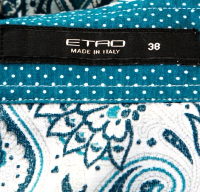Etro Teal Blaues bedrucktes Stretch-Baumwollhemd mit Paisleymuster S Damen im Angebot