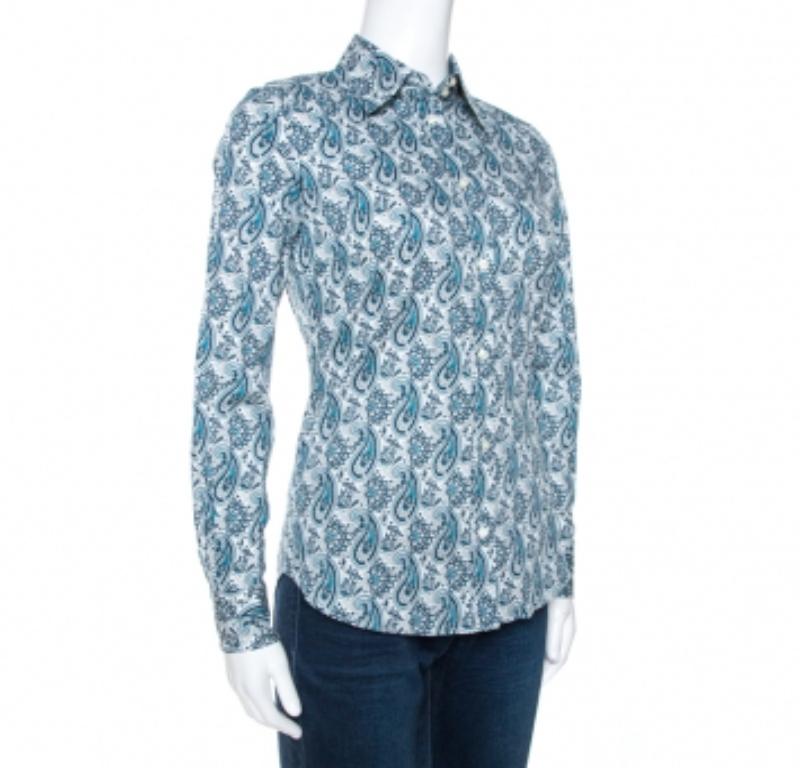 Etro Teal Blaues bedrucktes Stretch-Baumwollhemd mit Paisleymuster S im Angebot 1