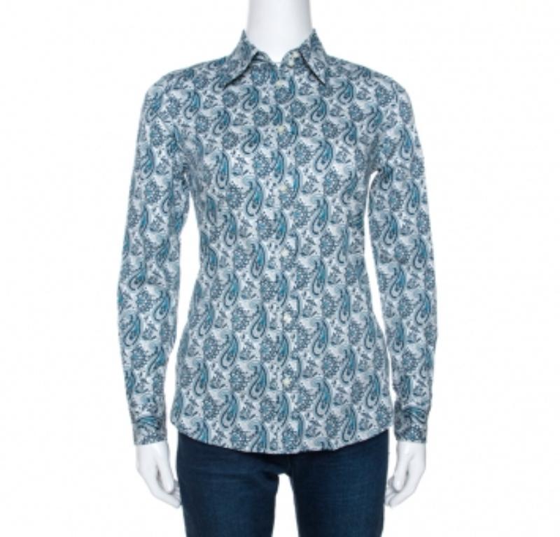 Etro Teal Blaues bedrucktes Stretch-Baumwollhemd mit Paisleymuster S