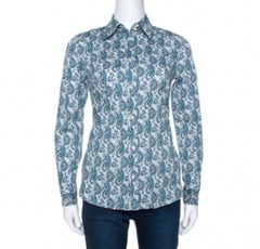 Etro Teal Blue Paisley Printed Stretch Cotton Shirt S