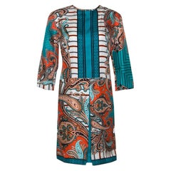 Etro Teal & Orange Paisley Printed Silk Shift Dress M