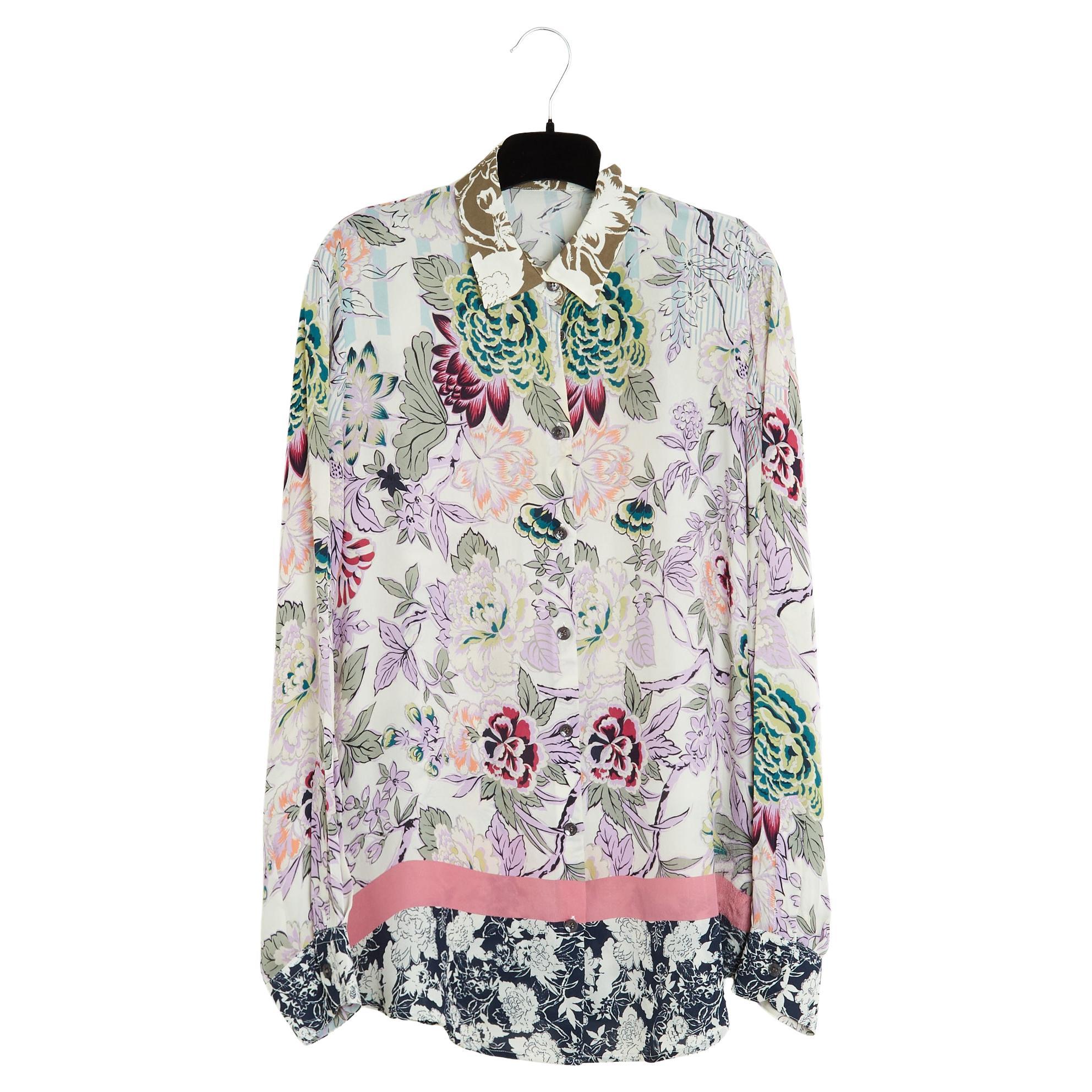 Etro Top Ecru Rose FR40 Pink Floral Silk Crepe Blouse UK12 US10