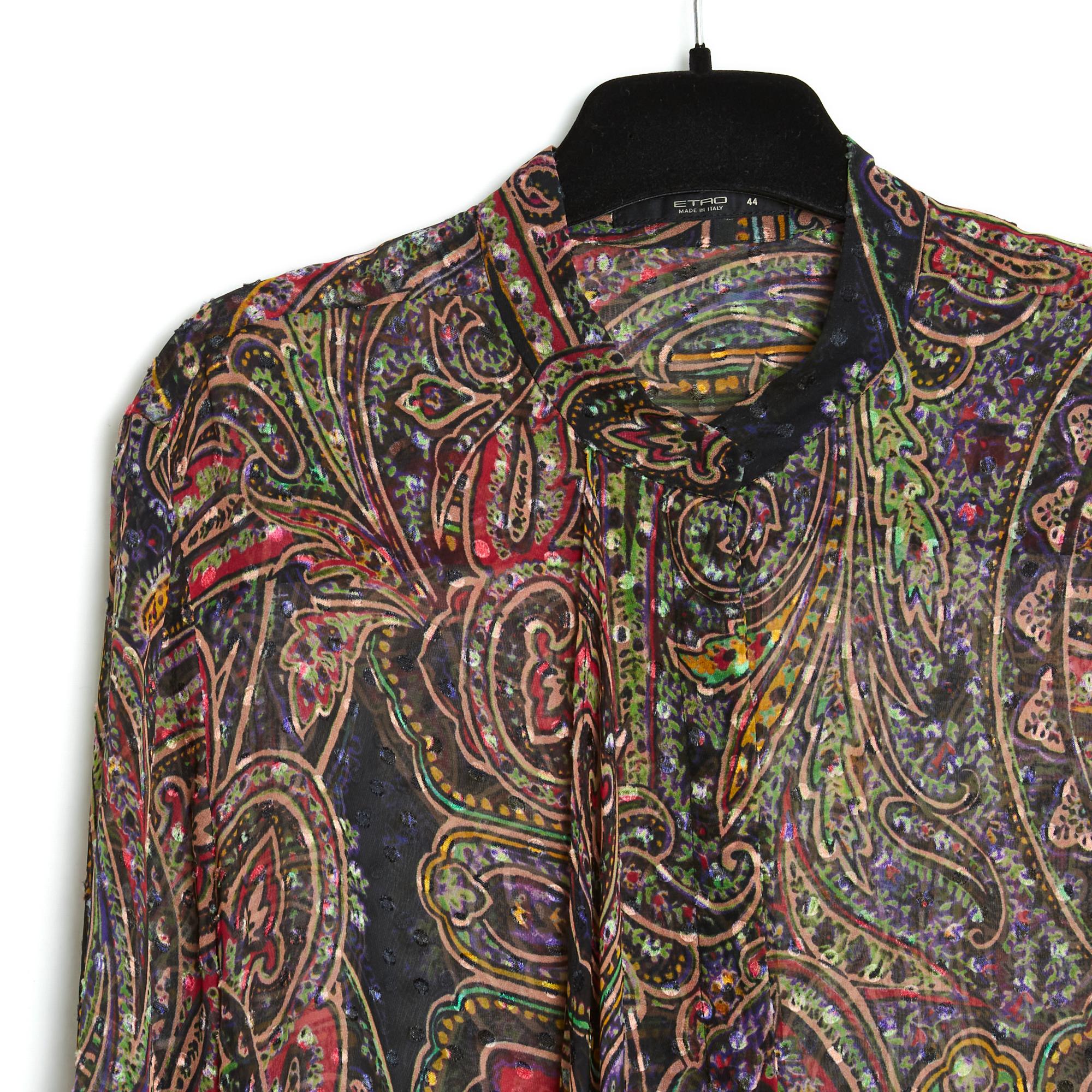 Marrone Etro Top FR40 Camicetta in chiffon di seta, boteh e velluto a pois UK12 US10 in vendita
