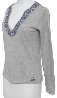 ETRO Top Shirt T-Shirt Grey Beads Sequin V-neck Long Sleeve Cotton Sz 42