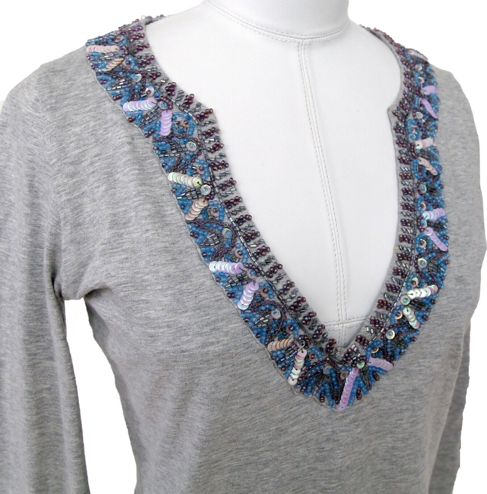 Gray ETRO Top Shirt T-Shirt Grey Beads Sequin V-neck Long Sleeve Cotton Sz 42 For Sale