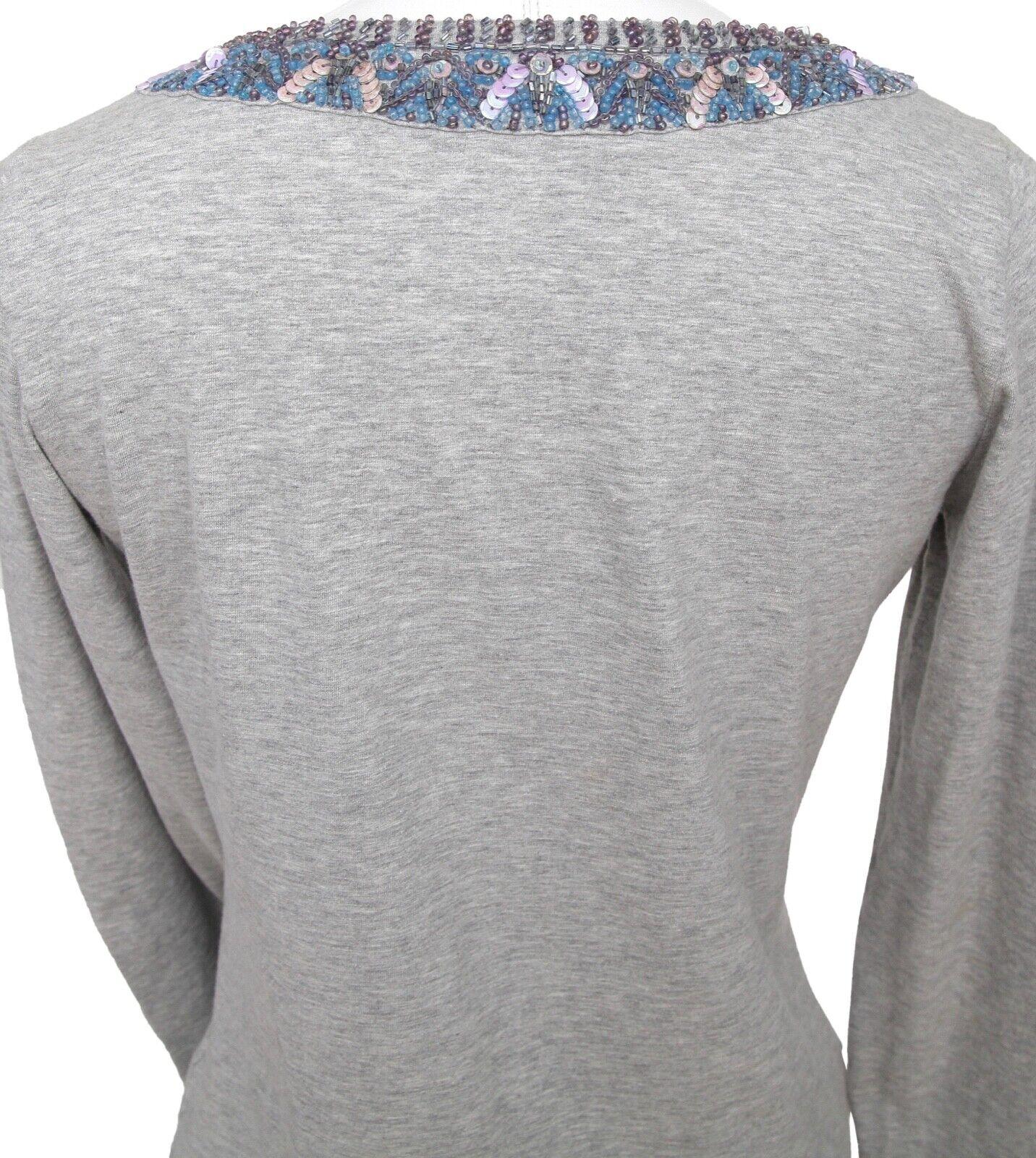 ETRO Top Shirt T-Shirt Grey Beads Sequin V-neck Long Sleeve Cotton Sz 42 For Sale 2