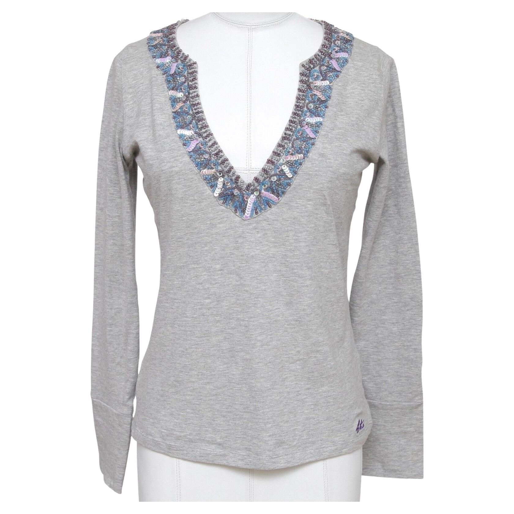 ETRO Top Shirt T-Shirt Grey Beads Sequin V-neck Long Sleeve Cotton Sz 42 For Sale