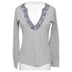 ETRO Top Shirt T-Shirt Grey Beads Sequin V-neck Long Sleeve Cotton Sz 42