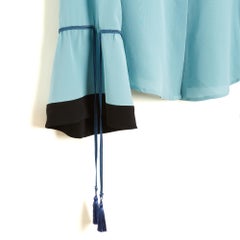 Etro Top Soie FR40 Turquoise Silk Crepe and Navy Tassels Blouse UK12 US10