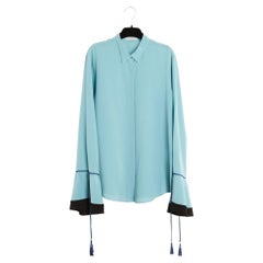 Etro Top Soie FR40 Turquoise Silk Crepe and Navy Tassels Blouse UK12 US10