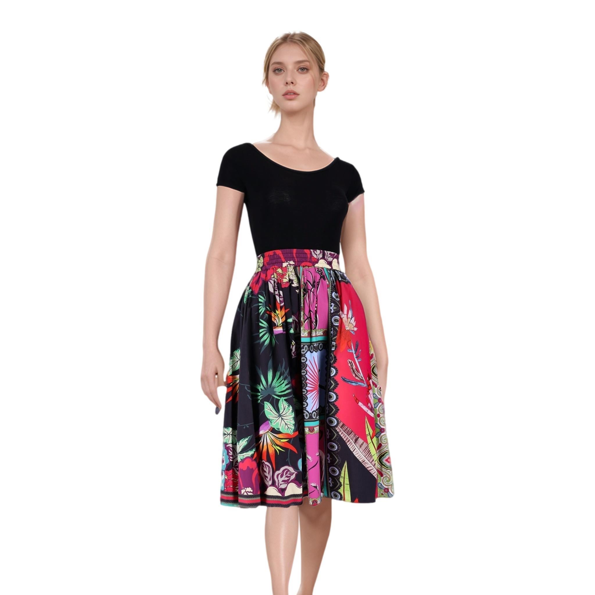 Black Etro Topical Floral Print Cotton Skirt For Sale