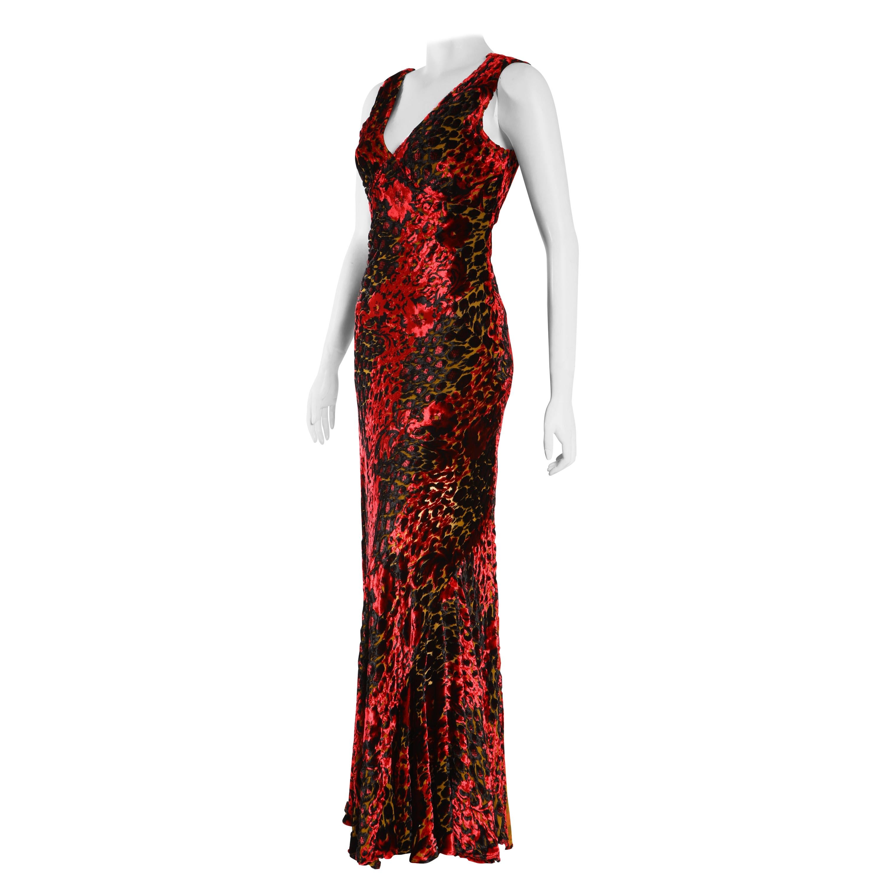 Etro Velvet Red Floral and Black Floral Gown 