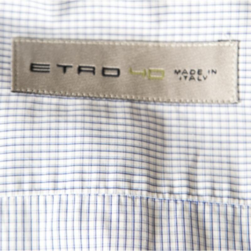 Etro Weißes und blau kariertes langärmeliges Baumwollhemd mit Knopfleiste aus Baumwolle M Herren im Angebot