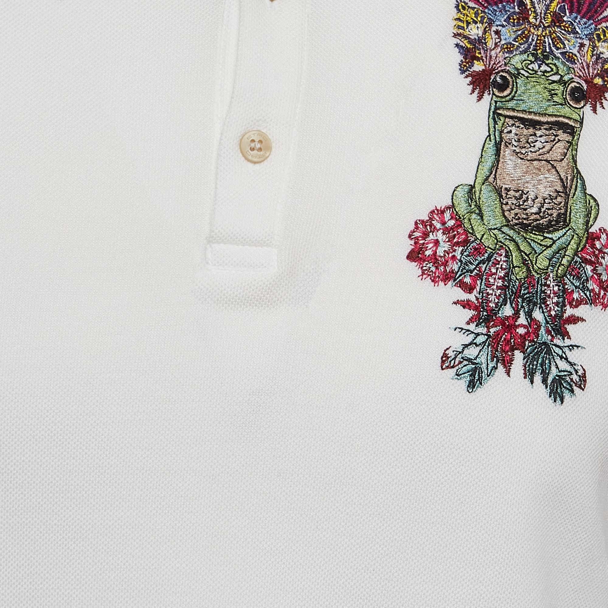 Gris Etro White White Embroidered Cotton Polo T-Shirt S en vente