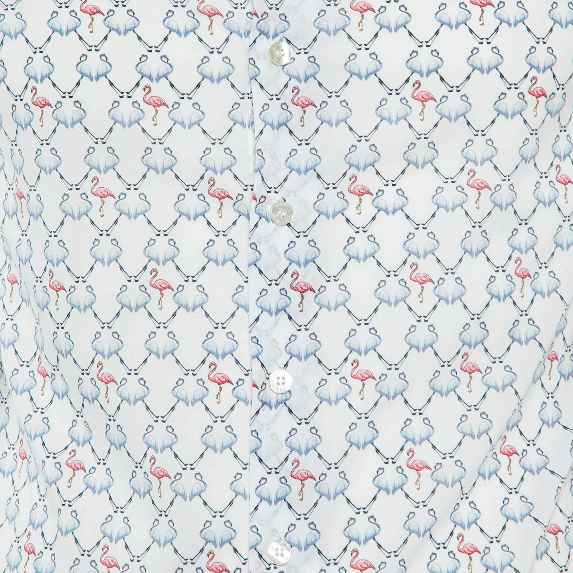 Grigio Etro White Camicia a maniche lunghe in cotone con stampa di fenicotteri S. in vendita