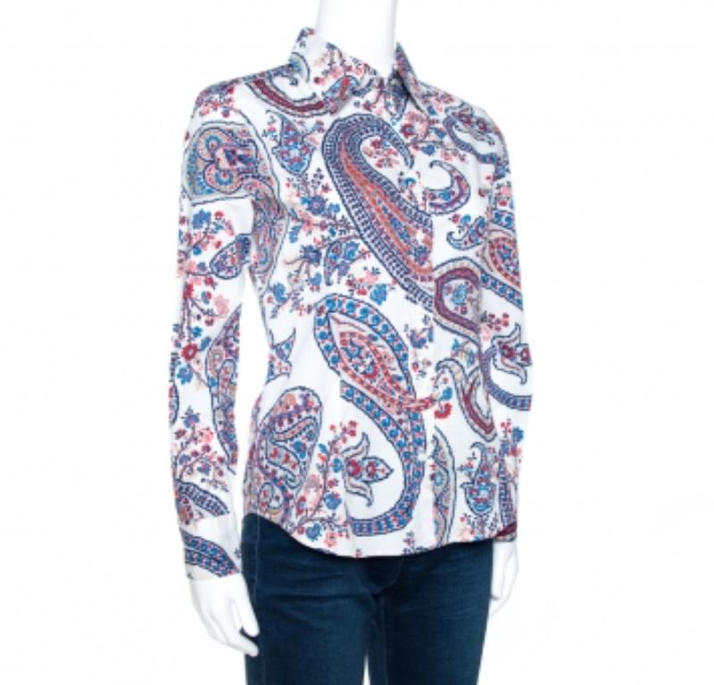 De las mujeres Etro Camisa blanca de algodón elástico con estampado floral de Paisley S en venta