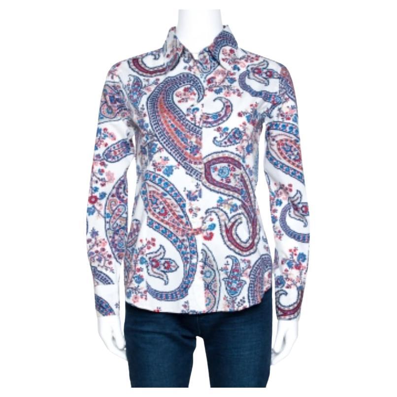 Etro Camisa blanca de algodón elástico con estampado floral de Paisley S