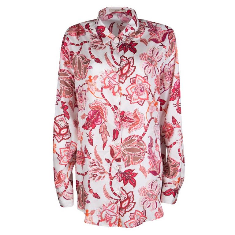 Etro White Floral Printed Silk Long Sleeve Button Front Shirt L For ...