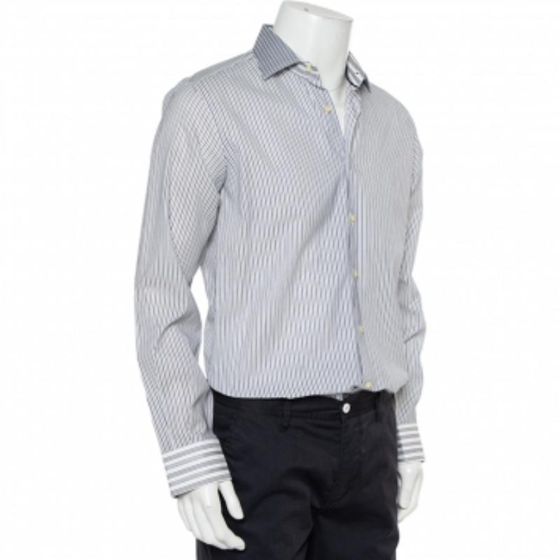 Gray Etro White & Navy Blue Striped Cotton Button Front Slim Fit Shirt M For Sale