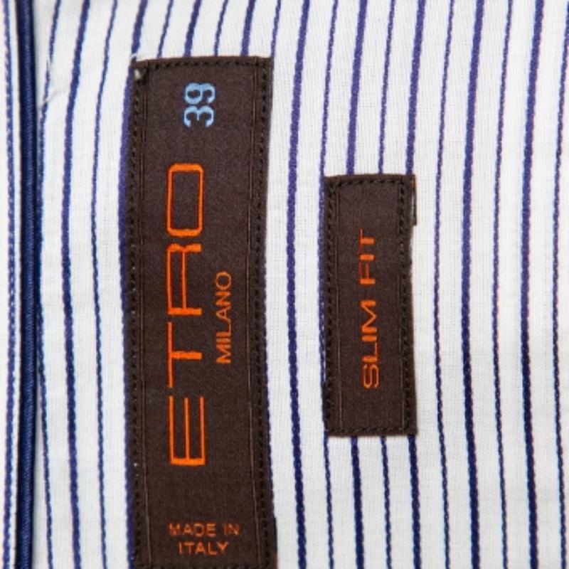 Etro White & Navy Blue Striped Cotton Button Front Slim Fit Shirt M In Excellent Condition For Sale In Dubai, Al Qouz 2