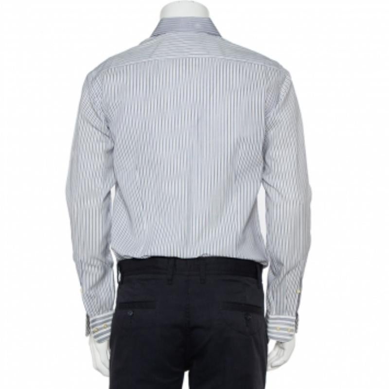 Men's Etro White & Navy Blue Striped Cotton Button Front Slim Fit Shirt M For Sale