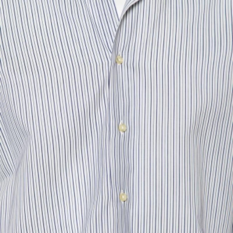 Etro White & Navy Blue Striped Cotton Button Front Slim Fit Shirt M For Sale 1