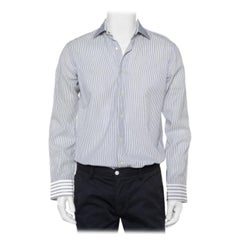 Etro Camisa Slim Fit Blanca y Azul Marino A Rayas De Algodón Con Botones Delanteros M