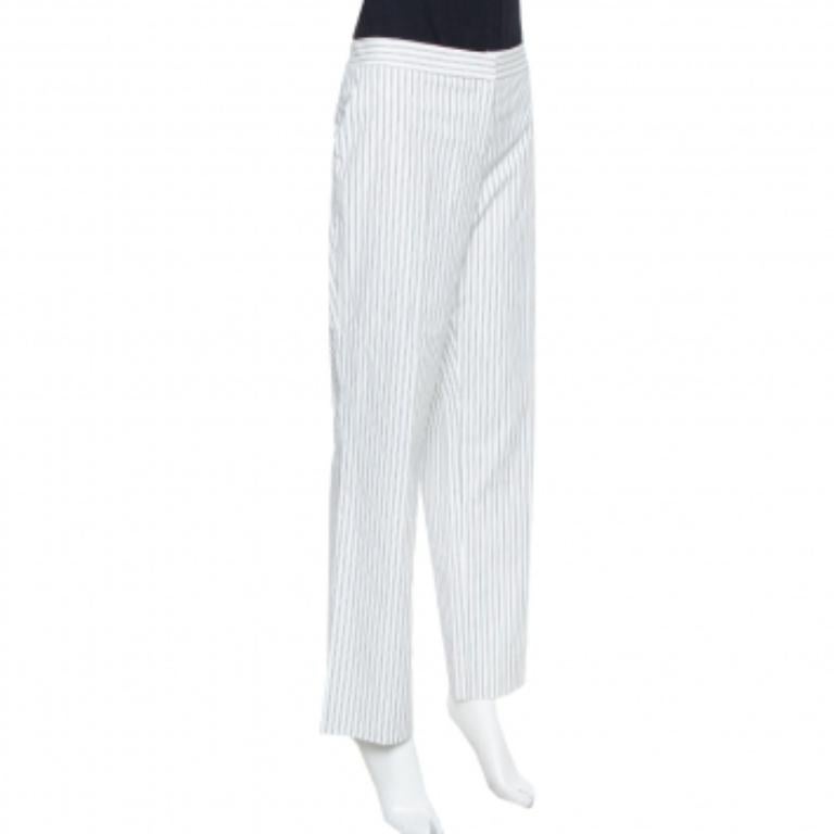 Etro White Pinstriped Cotton Straight Leg Pants L In Good Condition For Sale In Dubai, Al Qouz 2