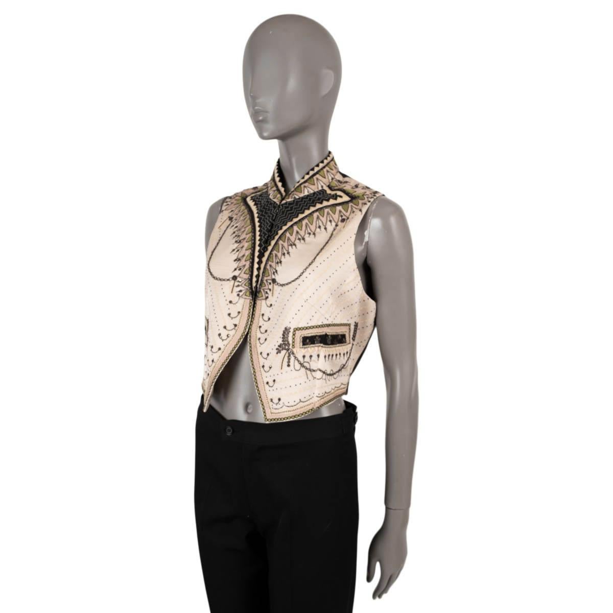 100% authentic Etro Lindsay cropped vest in cream and black silk (100%) with embroidery in black, pink, green. Features a mock neck and sequin and chain embellishments. Closes with concealed hooks on the front and is lined in viscose (100%). Has