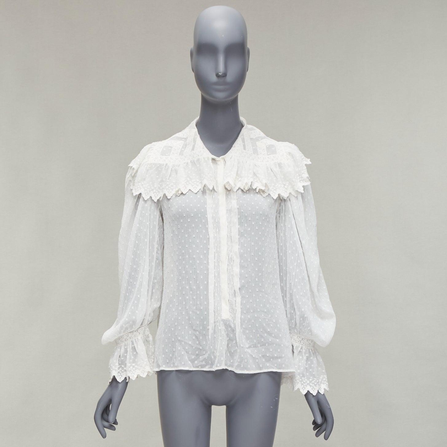 Etro, camicetta bianca in plissé con volant e colletto in stile boho peasant IT38 XS in vendita 5
