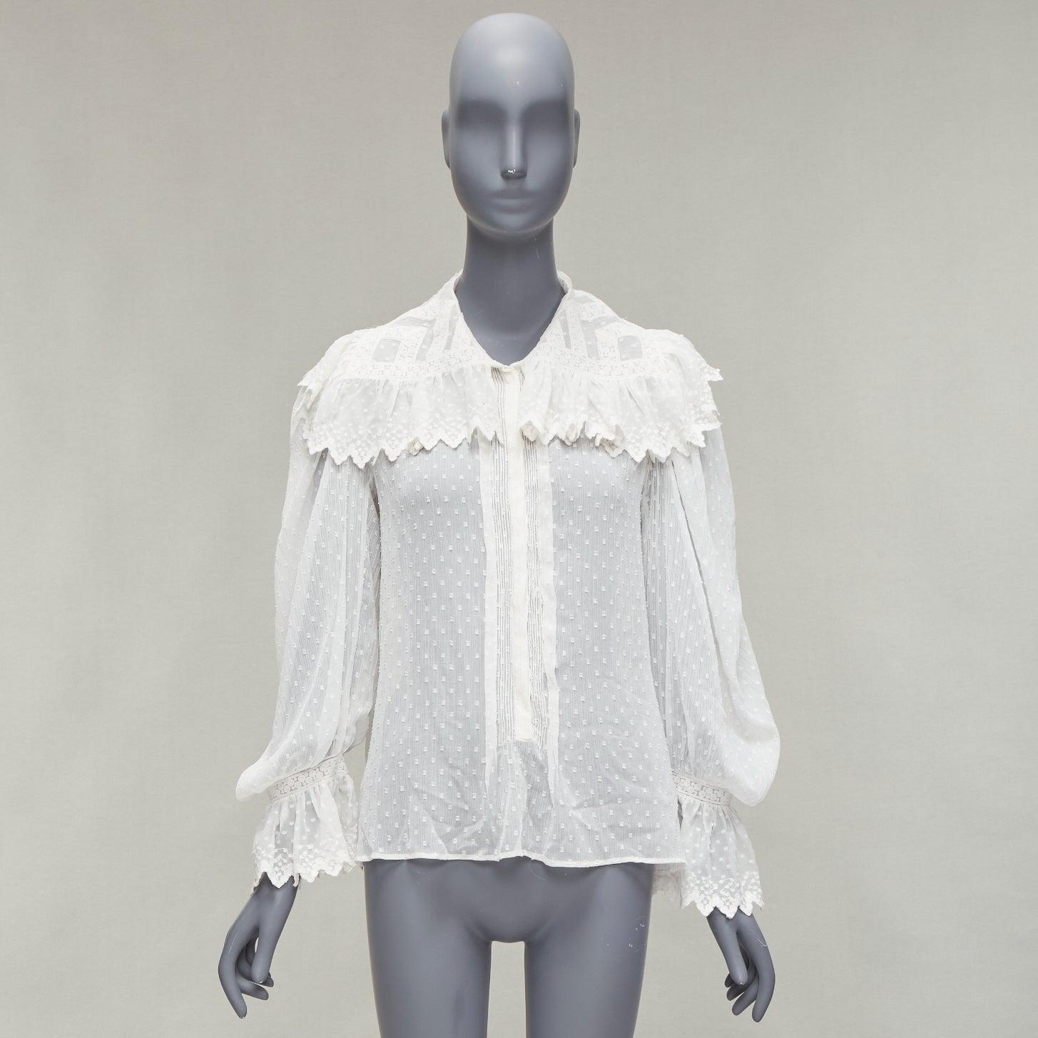 ETRO white textured plisse ruffle collar cuff boho peasant blouse IT38 XS For Sale 6