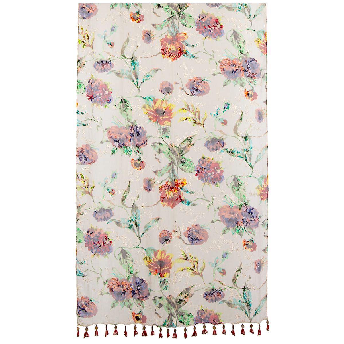 ETRO white viscose cotton FLORAL PRINT& EMBROIDERED CREPE Scarf