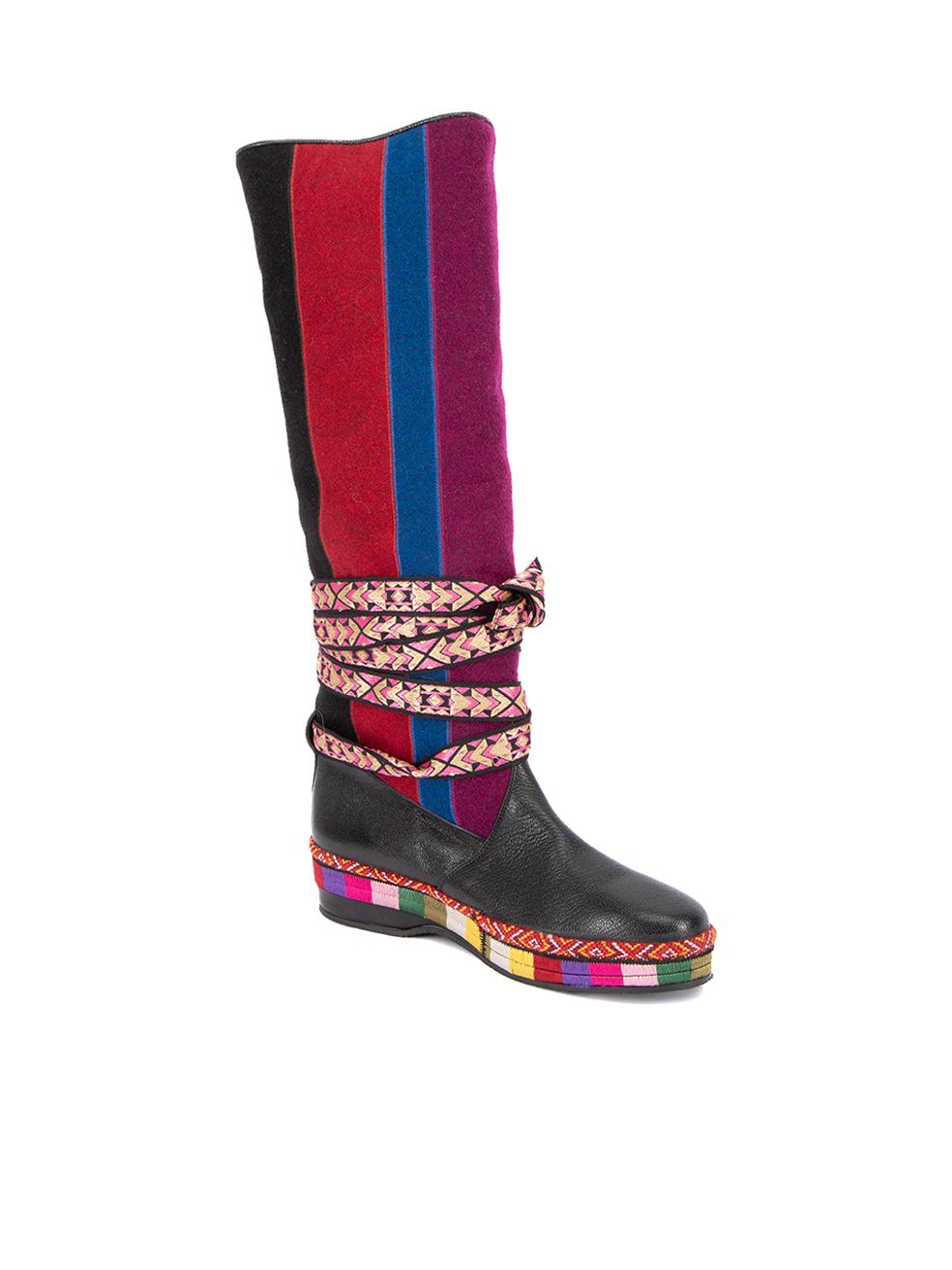 CONDITION is Very good. Minimal wear to shoes is evident. Loose threads on the front right toe can be seen on this used Etro designer resale item.   Details  Multicolour Leather and wool Knee high boots Ethnic pattern Round toe Flatform heel