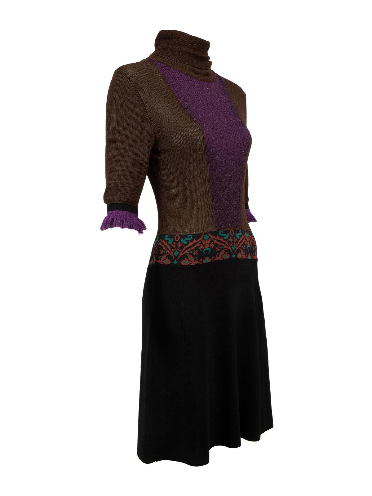 CONDITION is Never worn, with tags. No visible wear to dress is evident on this used Etro designer resale item.   Details  Multicolour- Dark brown, black, purple and green Viscose Knit mini dress Turtleneck Short sleeves Tasseled cuffs in purple