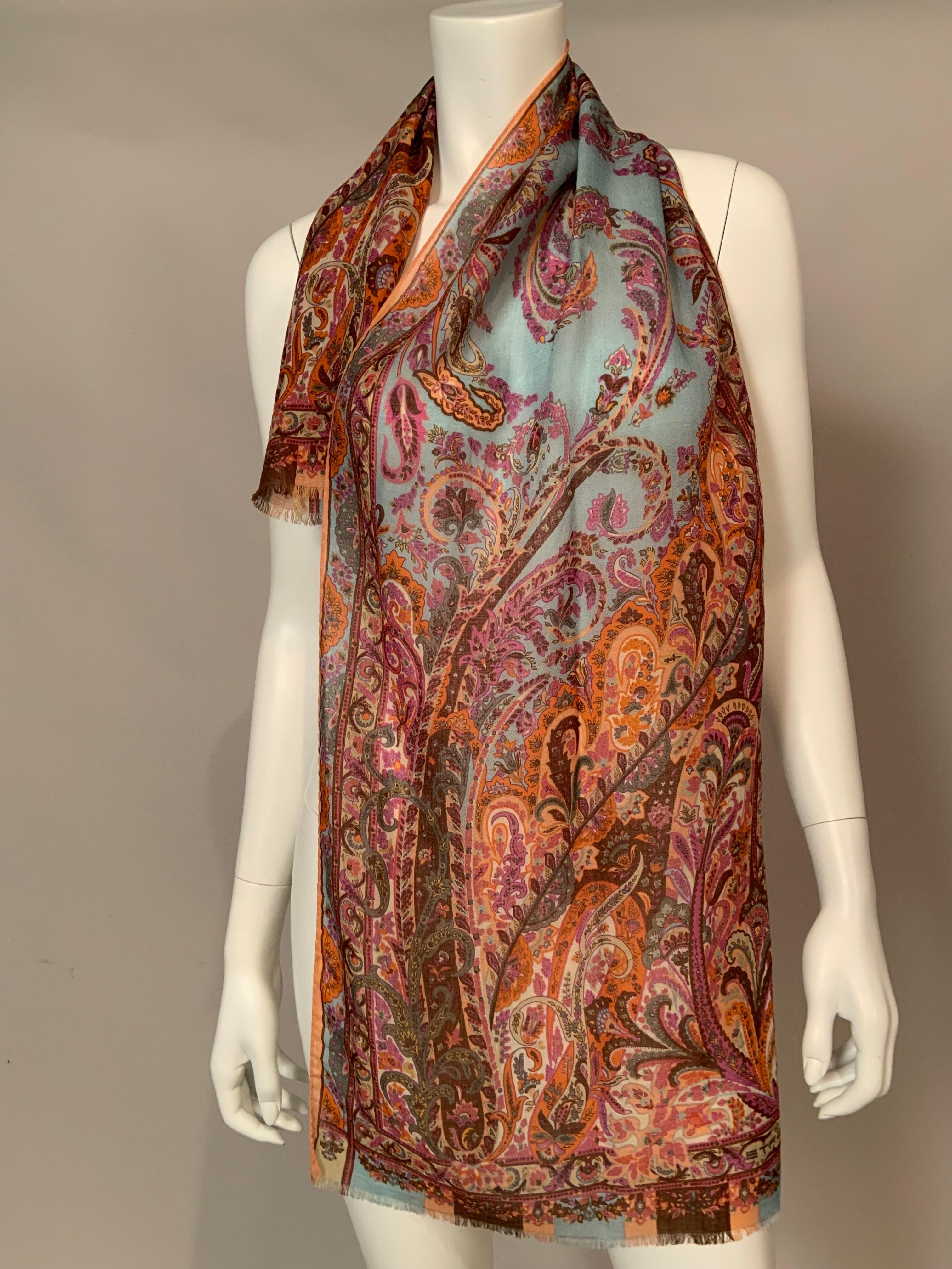 Etro Wool and Silk Blend Paisley Scarf with Blue Center 1