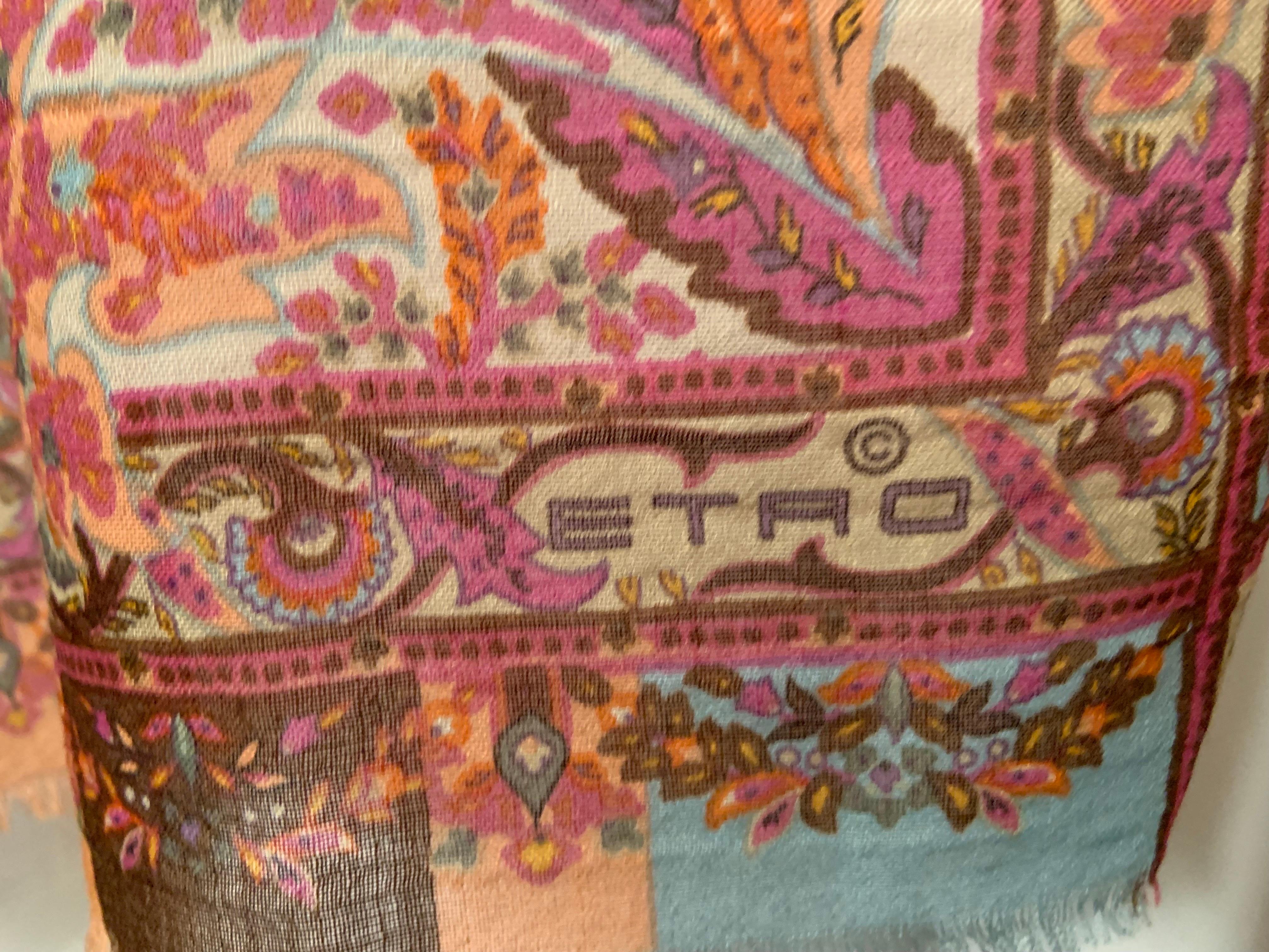 Etro Wool and Silk Blend Paisley Scarf with Blue Center 5