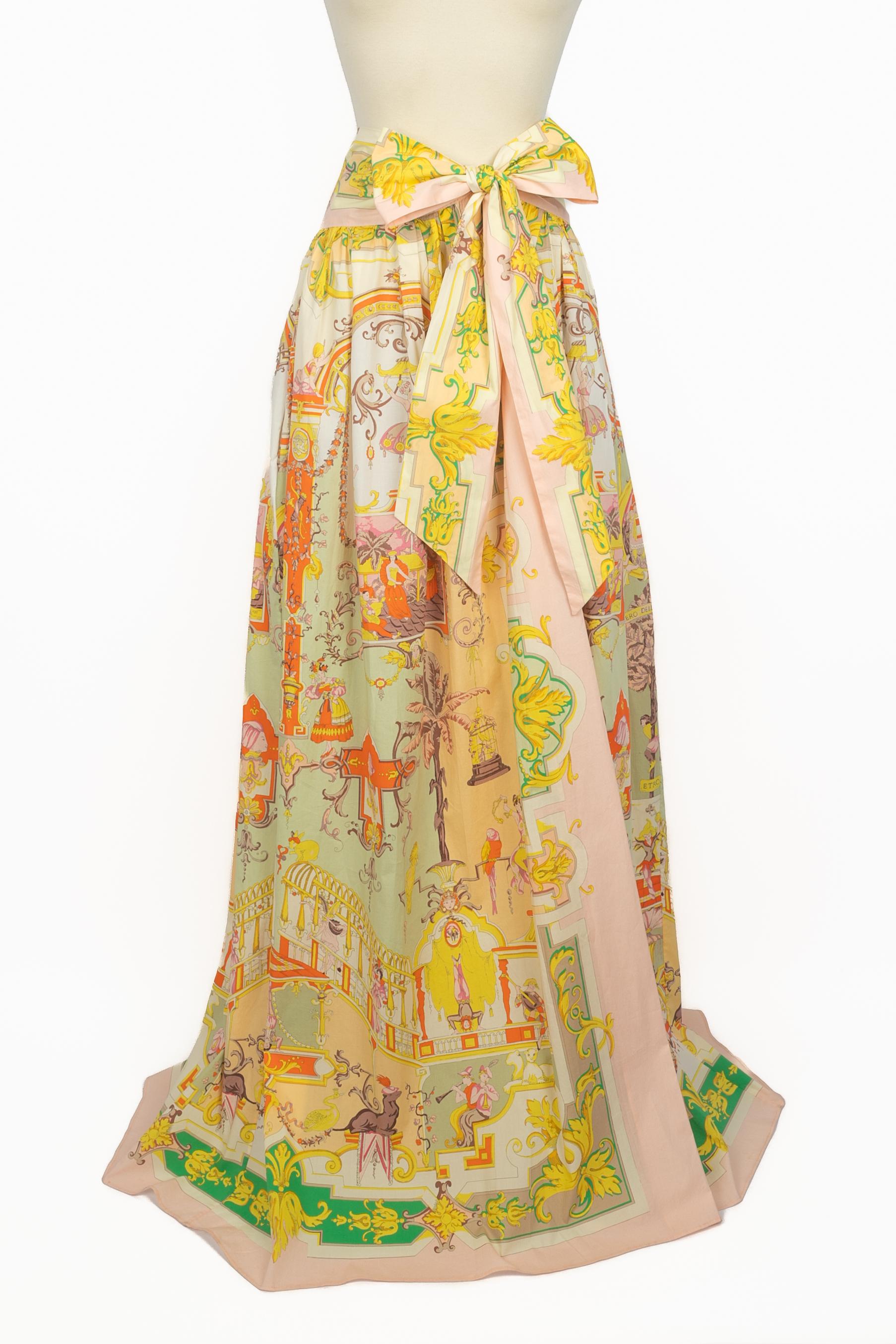 ETRO - (Made in Italy) Falda larga envolvente con estampado de tonos verdes, amarillos y naranjas. Talla 42FR indicada, se ajusta a una 36FR/38FR.

Estado:
Muy buen estado

Dimensiones:
Longitud total de la cintura: 83 cm - Longitud: 125