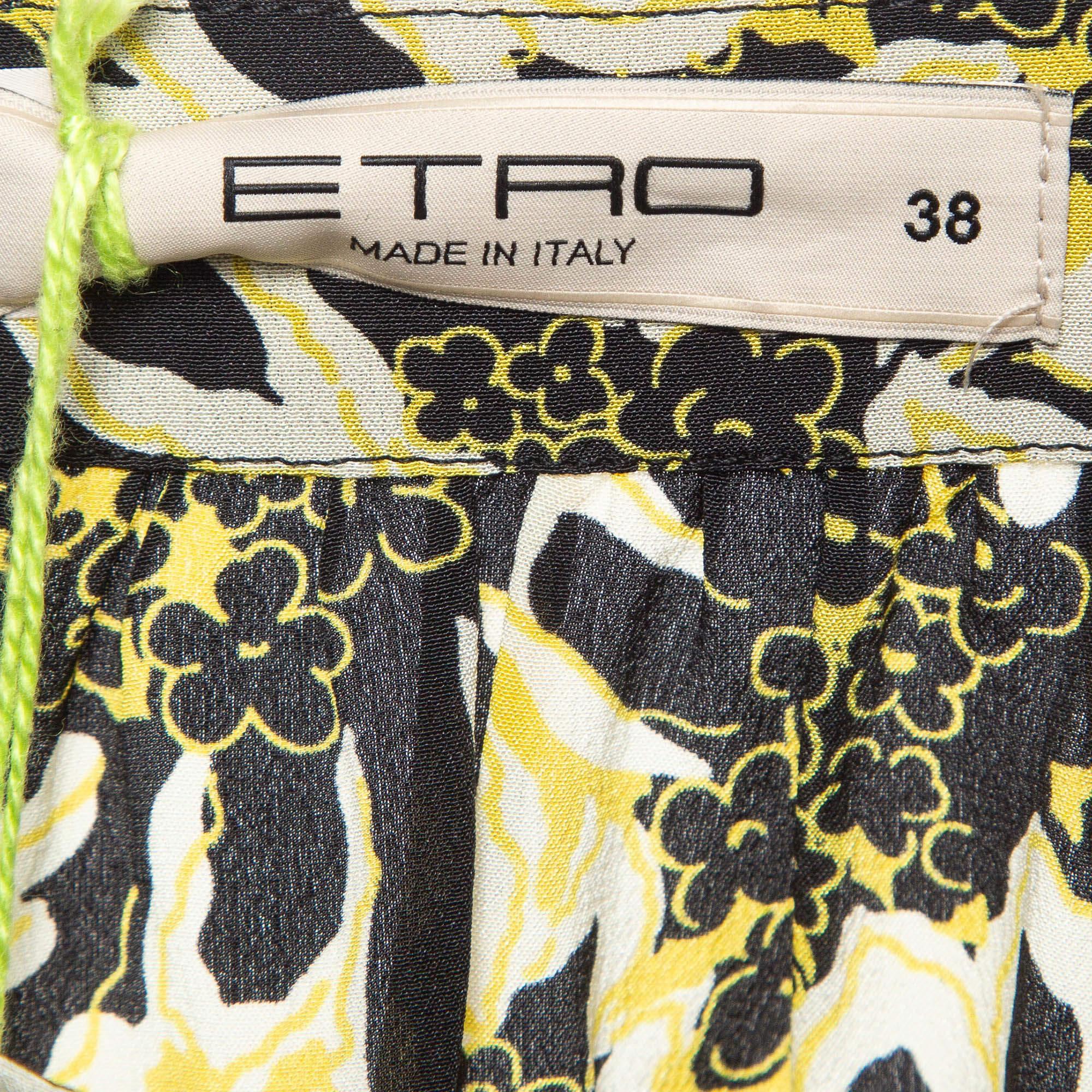 Brown Etro Yellow/Black Floral Print Silk Tiered Maxi Skirt S For Sale