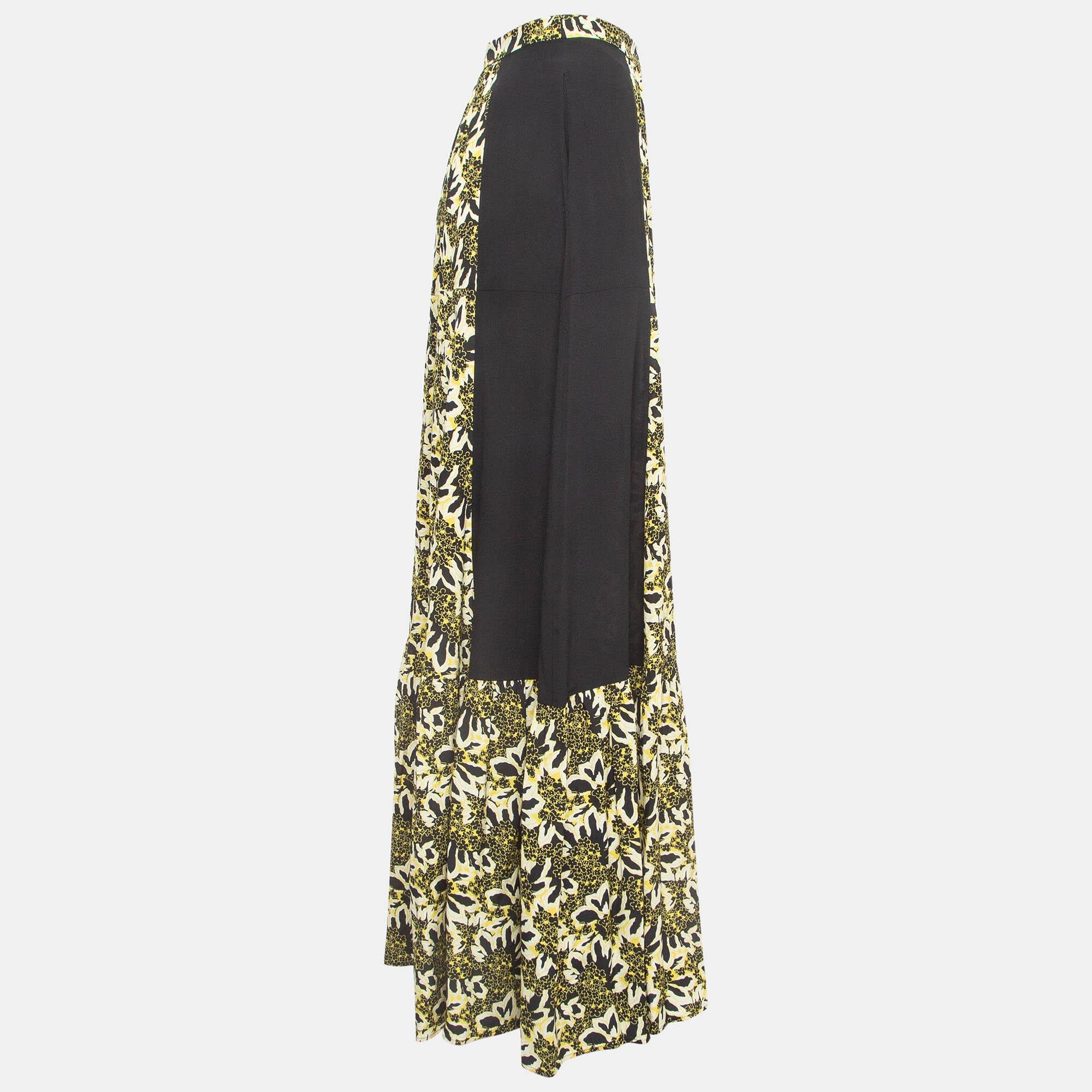 Etro Yellow/Black Floral Print Silk Tiered Maxi Skirt S For Sale 2