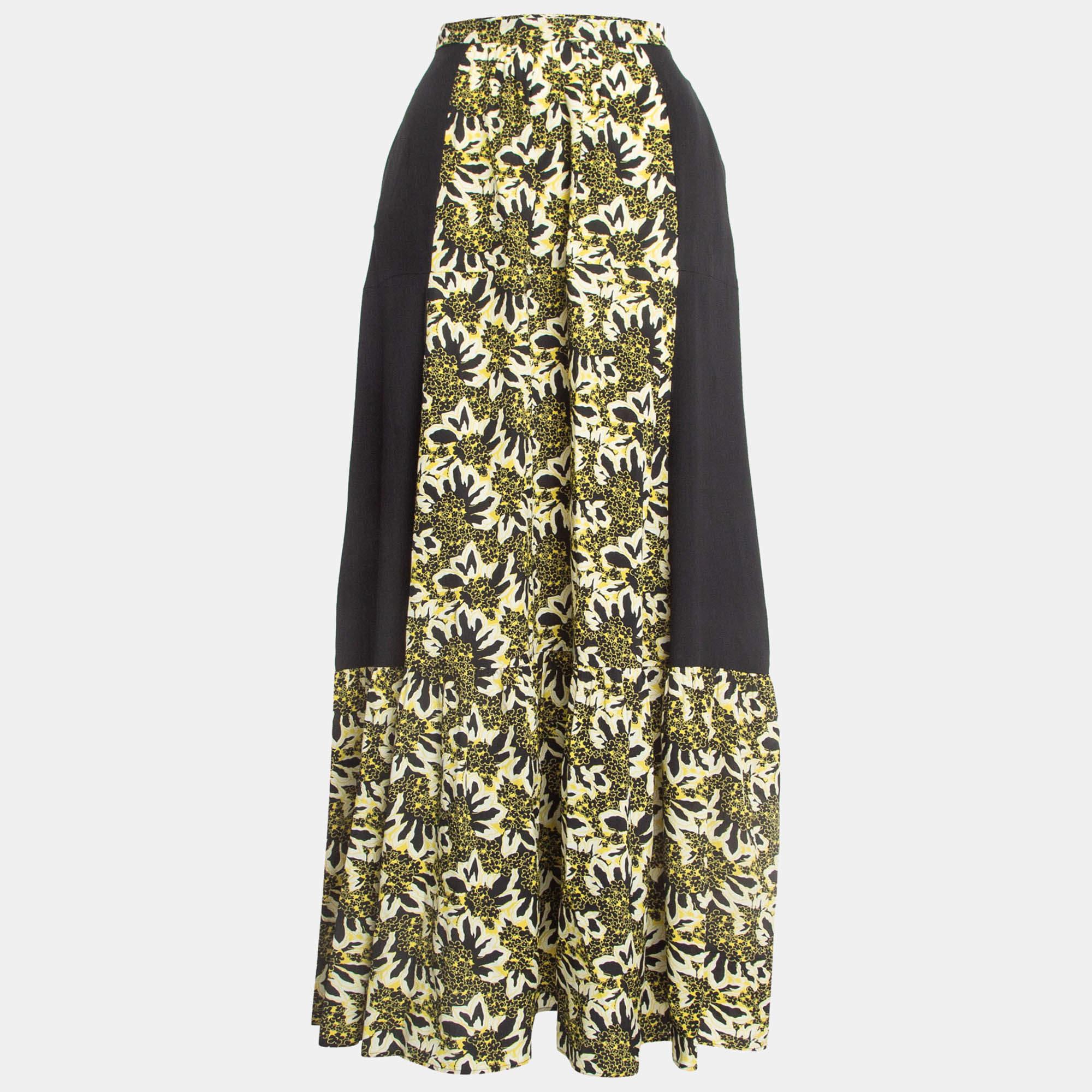 Etro Yellow/Black Floral Print Silk Tiered Maxi Skirt S For Sale 1
