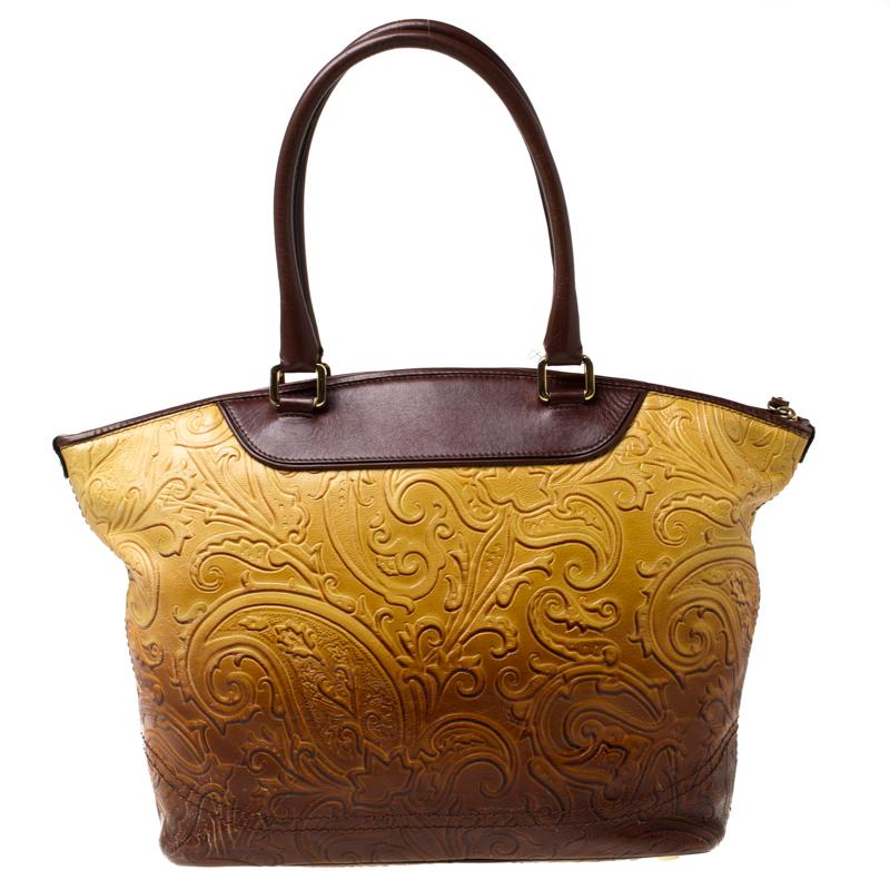 Etro Yellow/Brown Ombre Paisley Embossed Leather Zip Tote In Good Condition For Sale In Dubai, Al Qouz 2