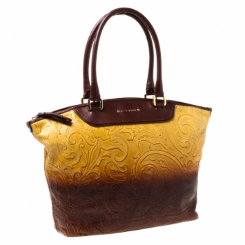 Etro Gelb/Braun Ombre Paisley geprägte Leder Zip Tote im Angebot 4