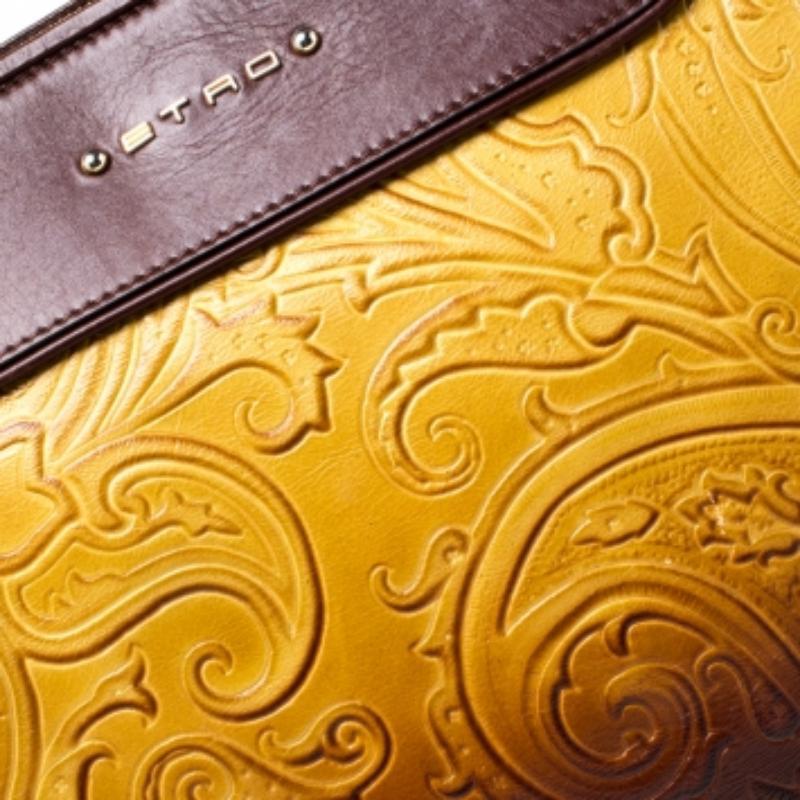 Etro Gelb/Braun Ombre Paisley geprägte Leder Zip Tote im Angebot 5