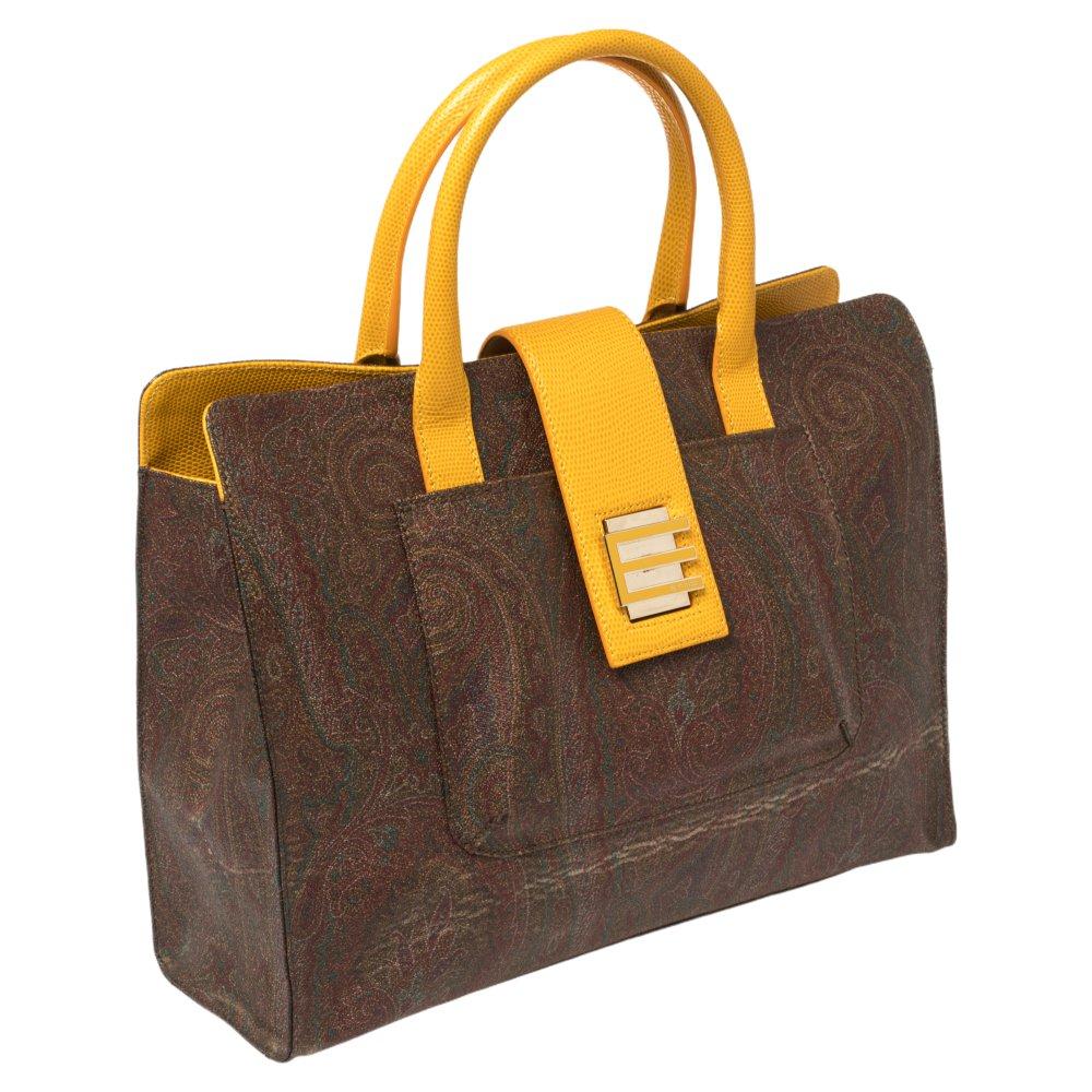 Women's Etro Yellow/Brown Paisley Print Coated Canvas and Leather Tote