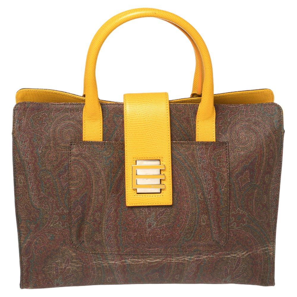 Etro Yellow/Brown Paisley Print Coated Canvas and Leather Tote