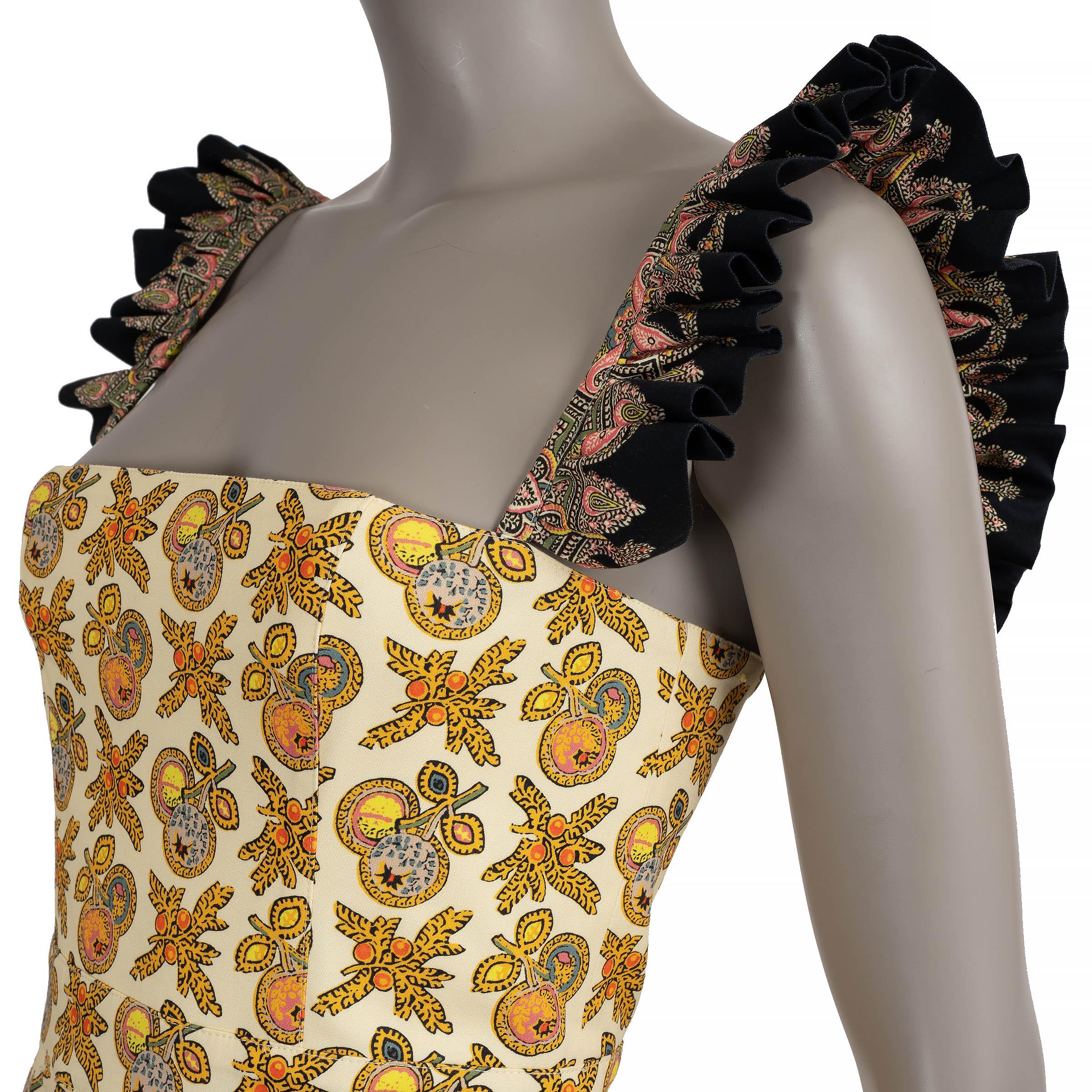 ETRO yellow cotton 2023 APPLE & PAISLEY RUFFLED MAXI Dress S en Excelente estado para la venta en Zürich, CH
