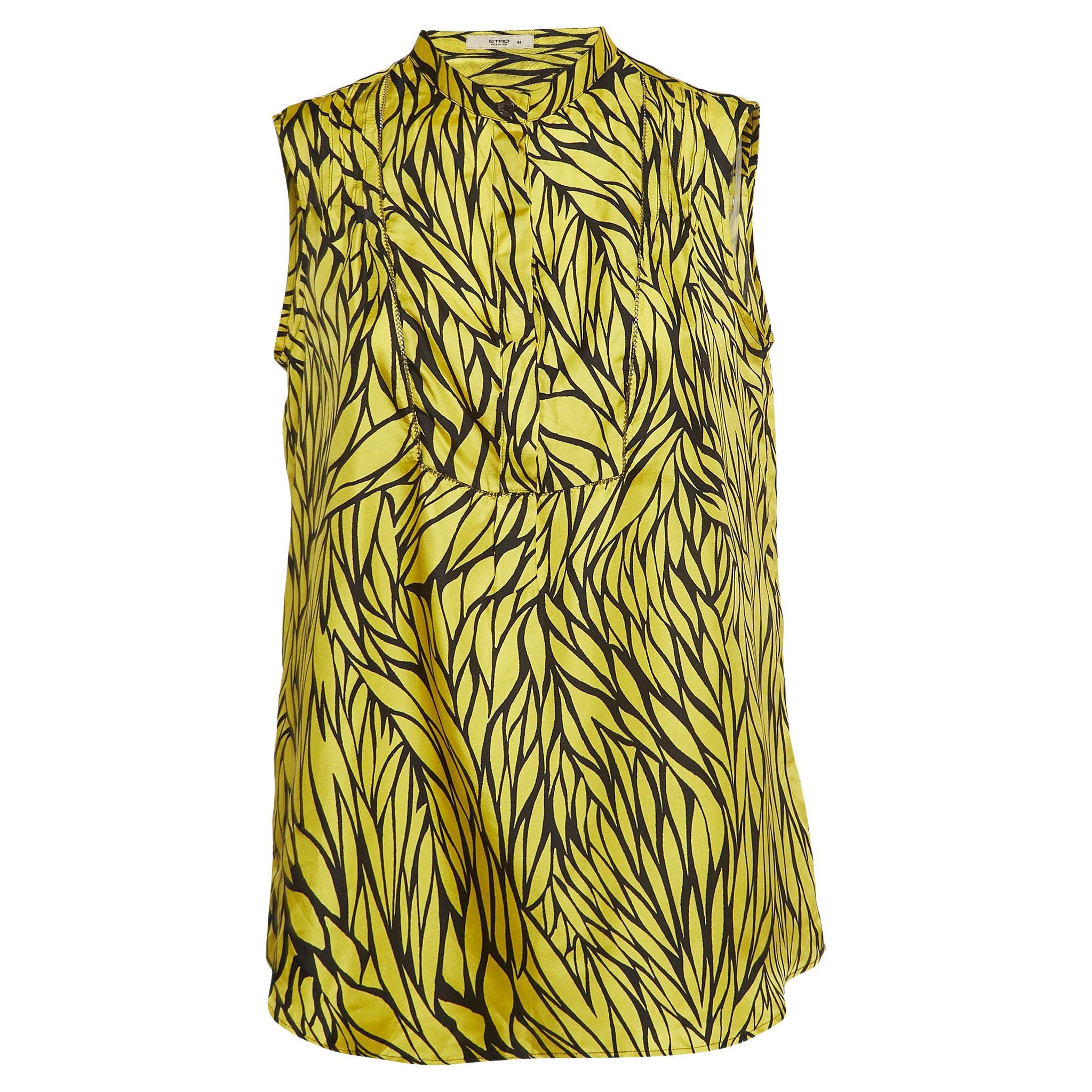 Etro Yellow Leaf Printed Silk Sleeveless Top M For Sale