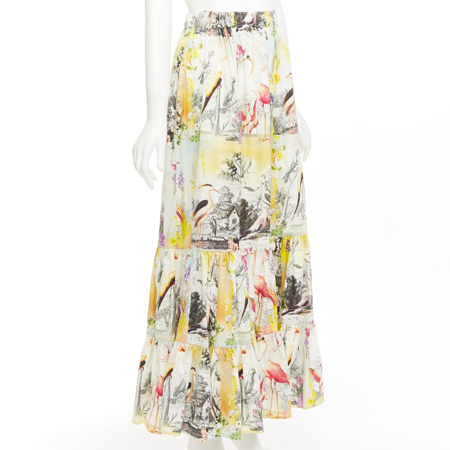 ETRO yellow multicolor flamingo garden print cotton midi skirt IT38 XS In Excellent Condition For Sale In Hong Kong, NT