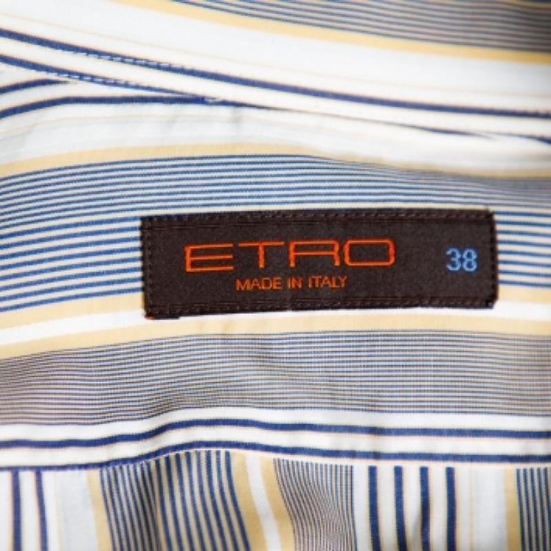 Gray Etro Yellow & Navy Blue Striped Cotton Button Front Shirt S For Sale